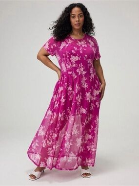 Tea-Length Mesh Floral T-Shirt Dress